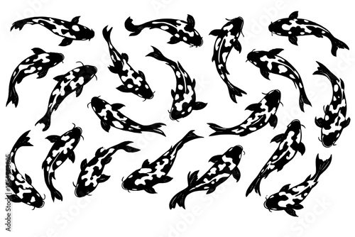 Set of black and white Japanese koi fish silhouettes swimming