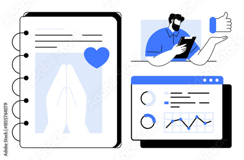 Data analysis, digital marketing, social media, wellness, productivity, research insights. Charts, notebook with praying hands and heart and a person using a tablet with a thumbs-up symbol. Data