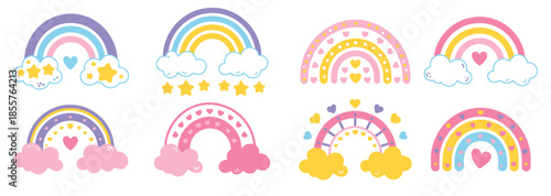 Pastel rainbows with hearts clouds and stars cute cartoon