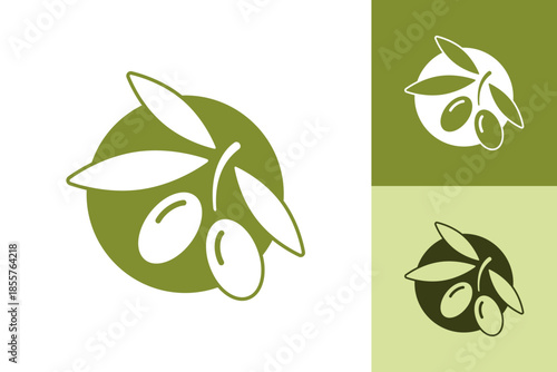 Olive products vector logo with branch in circle, monochrome silhouette isolated on white. Round icon with small twig with olives and leaves. Clipart sign for minimal design, olive food illustration