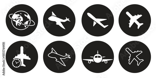 plane icons set white on a black background