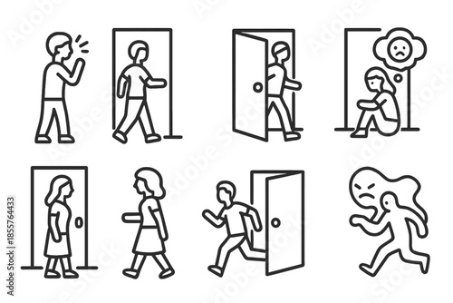 Set of line art icons representing human emotions and actions