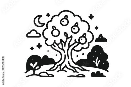 Stylized Apple Tree at Night with Moon and Stars