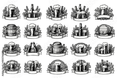 Vintage Beer Illustrations with Hops and Barley