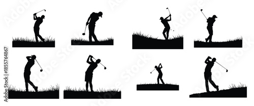 Black silhouette golfers swinging clubs on grass sport