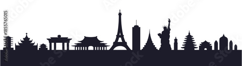 silhouette skyline of global landmarks including statue