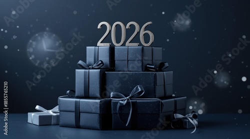 New Year's Gift Tower: Elegant gift boxes, arranged as a grand tower, topped with the year 2026, creating a sense of anticipation and marking a new year.
