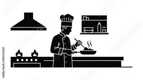 A chef cooking in a kitchen represented as a stark silhouette