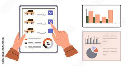Hands reviewing car options on checklist tablet with tick marks and percentage graph. Nearby bar and pie charts display analytical data. Ideal for decision-making, data review, research, project
