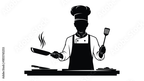 A chef cooking with a pan and spatula black and white silhouette