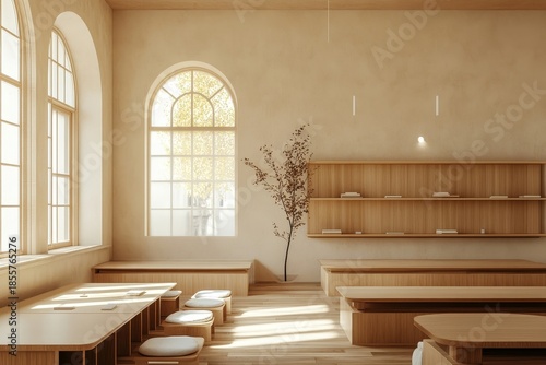 Stylish beige classroom interior with desks arranged in rows and a shelf near the window, ideal for creating a focused learning environment, Generative AI