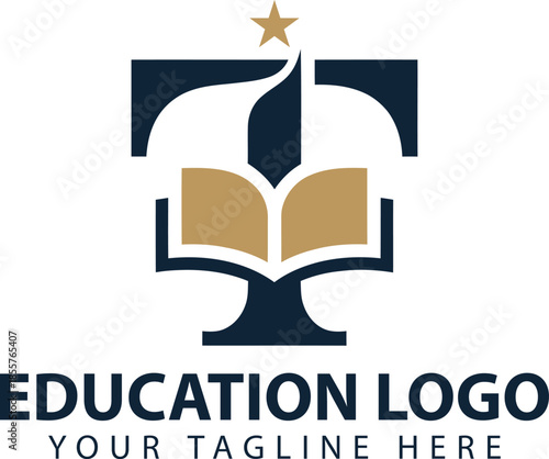 Letter T Education logo template with book and star symbol for school branding