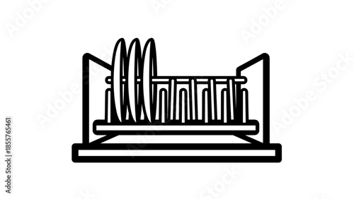 Simple Line Drawing of Dish Rack with Dishes.
