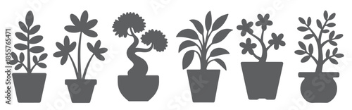  six gray silhouette houseplants in pots simple minimalist 