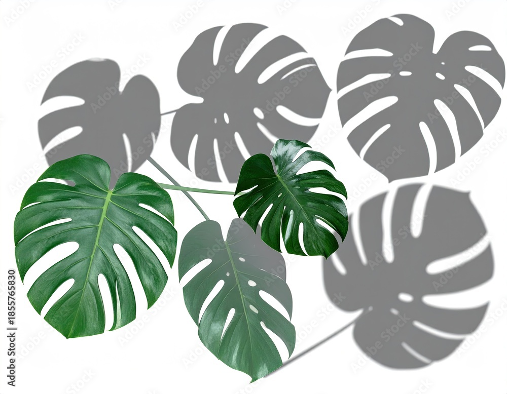 Obraz premium Lush Monstera plant leaves with shadows on a clean white backdrop