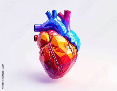 Low-poly anatomical heart model rendered in vibrant colors on white