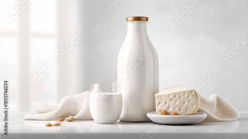 Minimalist dairy product still life on white background