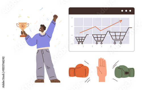 Person lifting trophy, shopping carts and rising sales graph, boxing gloves, hand gesture. Ideal for business success, competition, e-commerce, teamwork negotiation achievement strategy. Simple