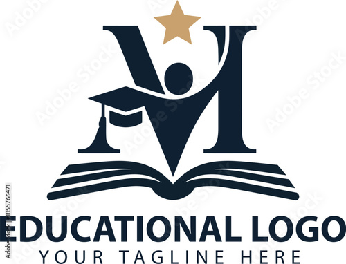 Letter M Educational logo with book and star symbol for school branding and learning institutions