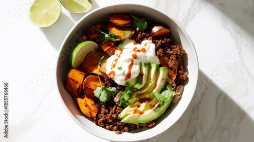 Healthy taco rice bowl with sweet potatoes, avocado, ground beef, and yogurt on marble background