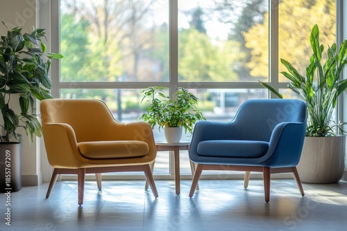 Bright waiting room interior with two armchairs and a panoramic window, perfect for creating a welcoming and comfortable space, Generative AI