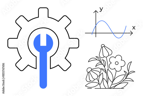 Technology, engineering, nature, science education, innovation concepts, interdisciplinary ideas. Gear and wrench icon, mathematical graph floral elements. Technology and engineering meeting nature
