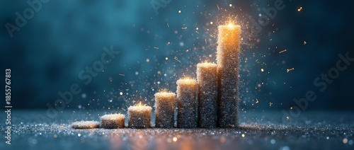 Financial or business graph visualized with five sparkling textured pillars against a deep blue background depicting growth and success.