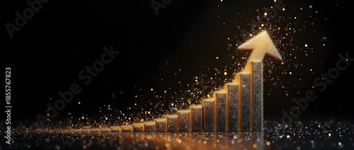 Dynamic golden graph bars and arrow symbolizing exponential sustainable business growth, financial success, and market achievement in a sparkling environment.