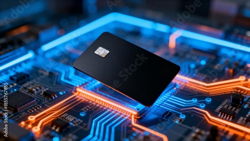 Credit card on glowing circuit board