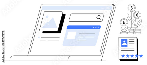 Laptop displaying search interface with image and text content, plant with currencies symbolizing financial growth, and resume with star ratings. Ideal for recruitment, career development, online