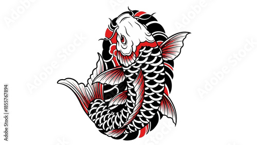 Koi fish tattoo vector with lotus flower, Japanese style tattoo illustration