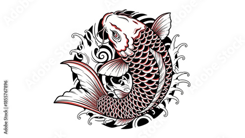 Koi fish tattoo vector with lotus flower, Japanese style tattoo illustration