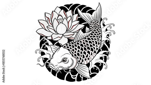 Koi fish tattoo vector with lotus flower, Japanese style tattoo illustration