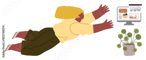 Woman reaching towards monitor displaying analytics, surrounded by a vibrant plant. Ideal for productivity, motivation, growth, data, focus, energy online learning. Simple flat metaphor