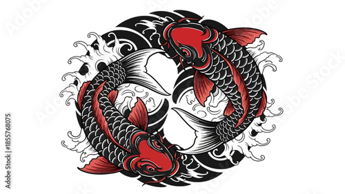 Koi fish tattoo vector with lotus flower, Japanese style tattoo illustration