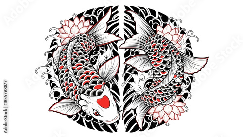 Koi fish tattoo vector with lotus flower, Japanese style tattoo illustration