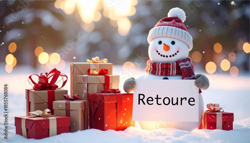snowman with gifts holding an sign text Retoure