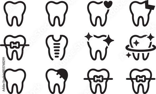 Set of Dental Care Icons Showing Healthy and Treated Teeth
