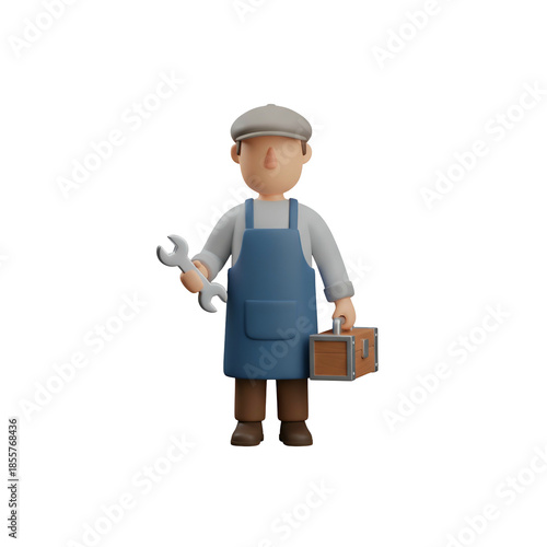 Cartoon Handyman with Toolbox and Wrench.