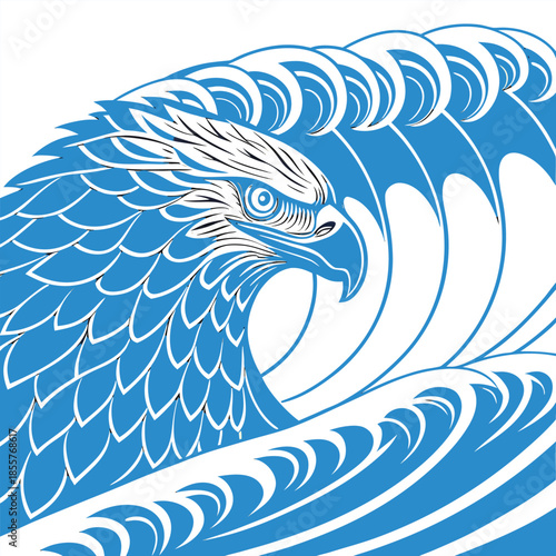 Vibrant blue eagle surfing on a giant wave with white highlights