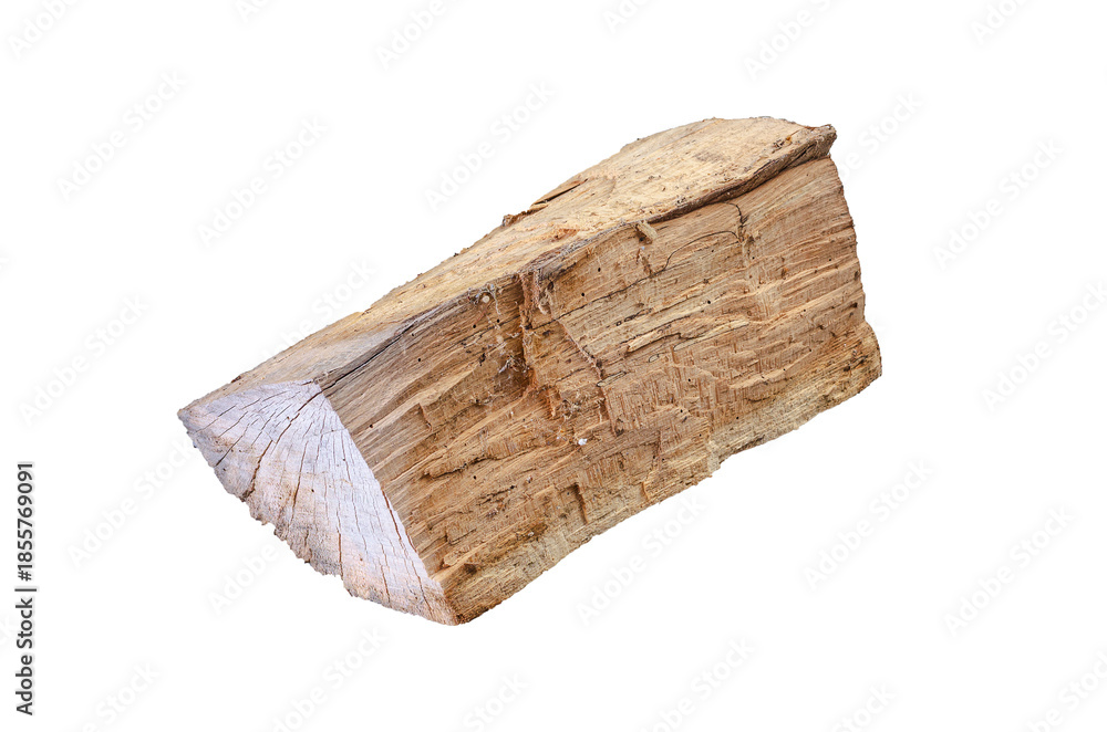 Fototapeta premium A single, aged log cut for fuel, showcasing its natural wood patterns and rustic texture against a clean white backdrop