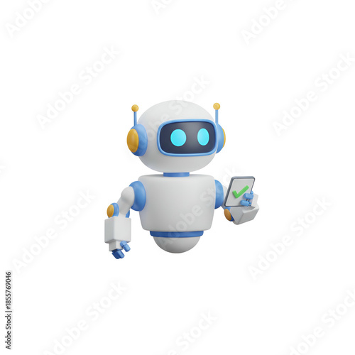 White Robot Toy Holding a Mobile Phone.