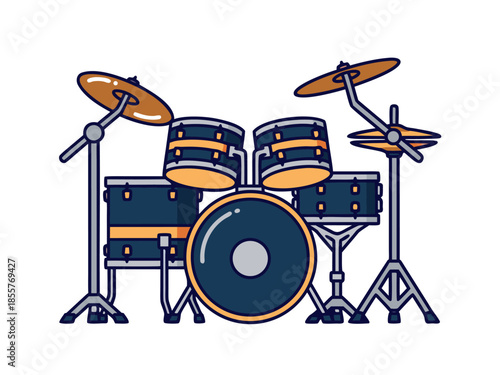 Vector illustration of a drum set with cymbals in a studio, isolated on white background