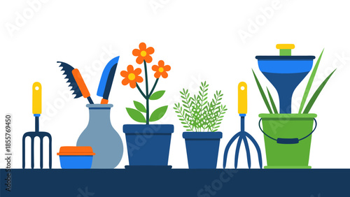 Gardening Tools and Plants Vector Illustration on a White Background