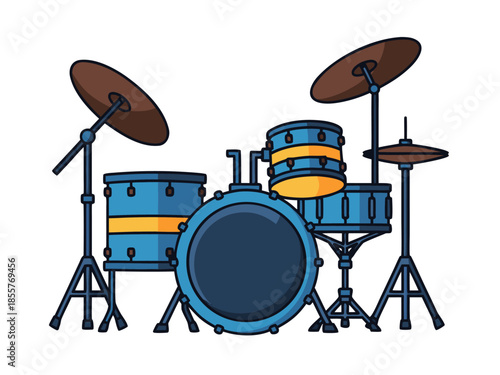 Vector illustration of a blue drum set with cymbals on white background