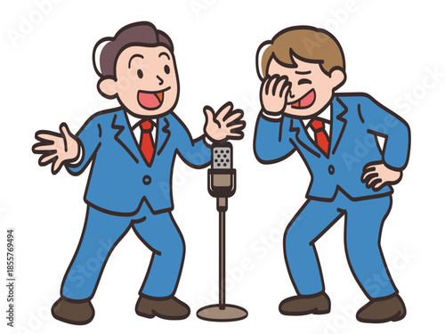 楽しそうに漫才をするお笑いコンビのイラスト
