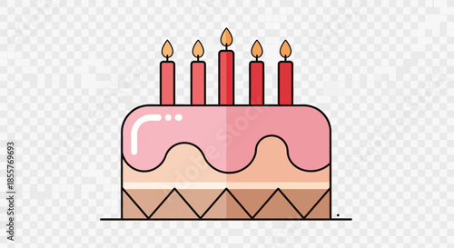 Birthday Cake With Five Lit Candles, Flat Design Icon, Celebration Food, Pink Frosting