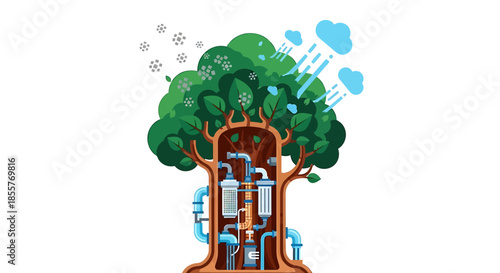 air purification tree technology concept showing smart filter system inside green foliage absorbing pollution and transforming it into clean air