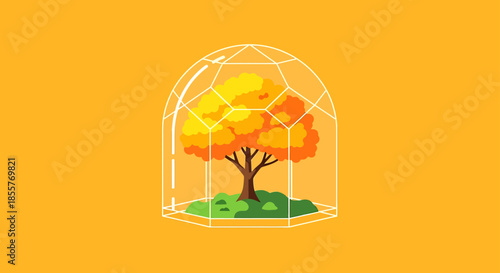 climate change concept illustration showing autumn tree protected under glass dome on orange background for environment and sustainability campaigns