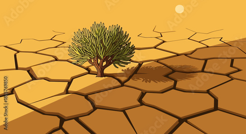 climate change drought land with single resilient green bush growing on cracked desert ground under hot sun symbol of survival and hope